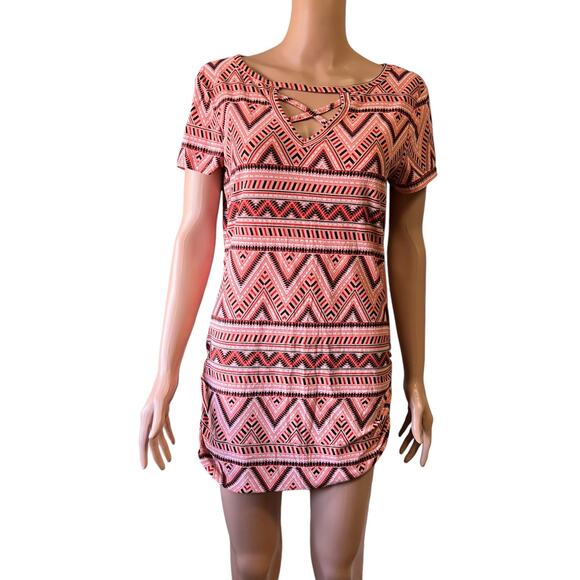 Bobbie Brooks Aztec Mini Dress L Cap Sleeve Soft Southwestern Ruched Sides - Picture 1 of 5